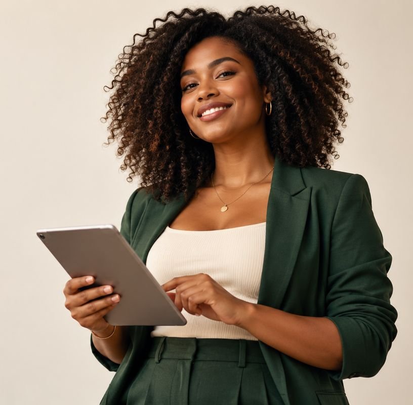 Profissional sorrindo enquanto usa um tablet